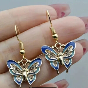 Beautiful Blue Butterfly Metallic Enamel Dangle Goldtoned Fashion Earrings